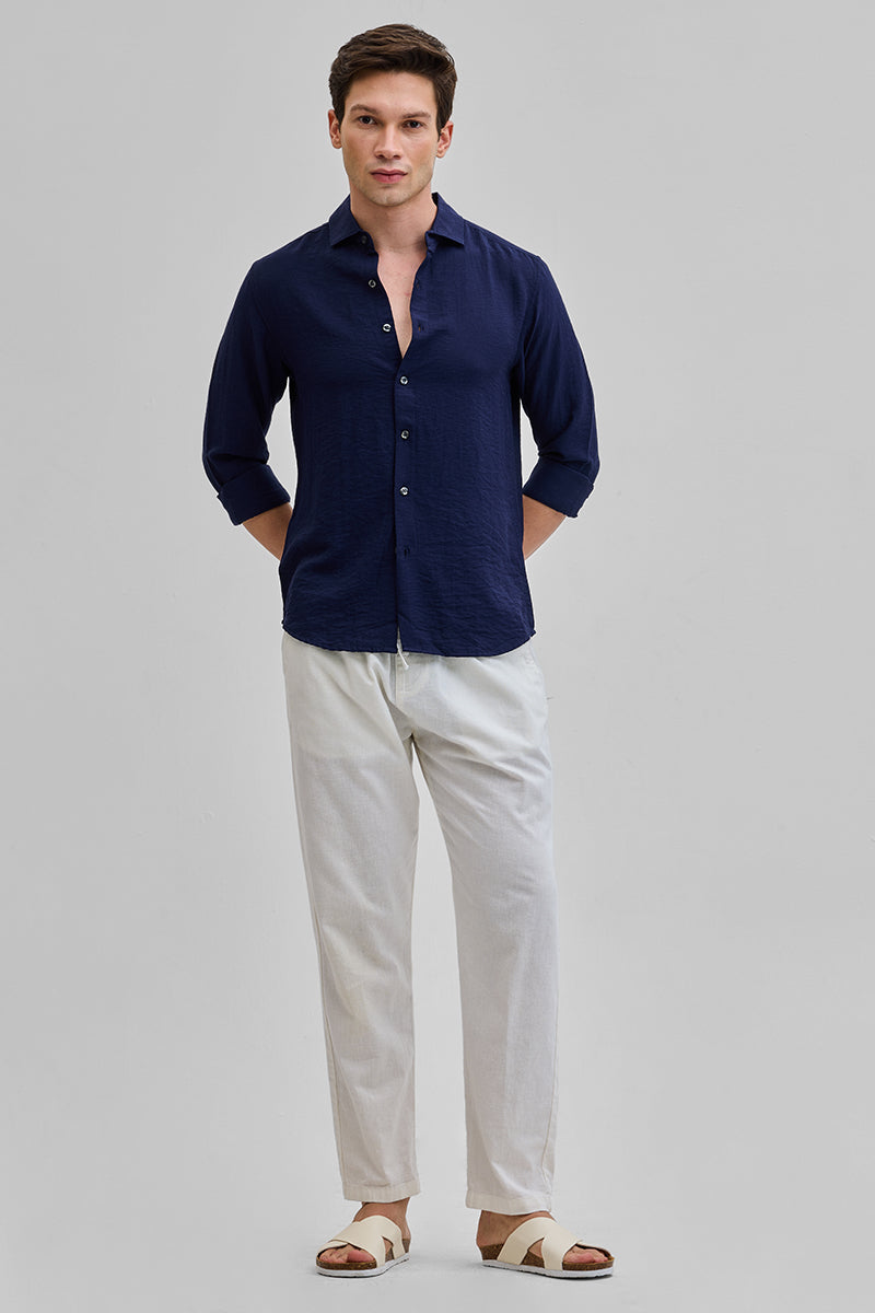 Navy Textured Linen Blend Shirt