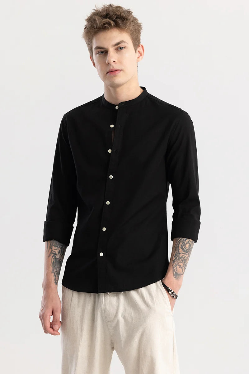 Linen Elegance Plain Black Shirt