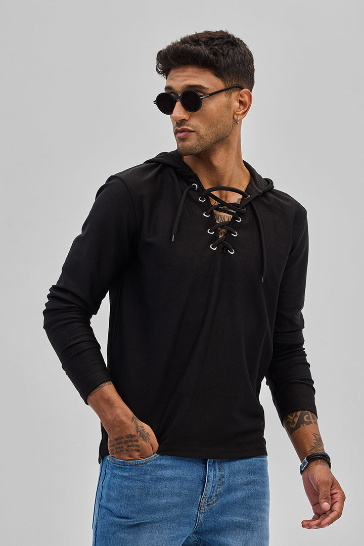 Black Lace-Up Textured Hoodie