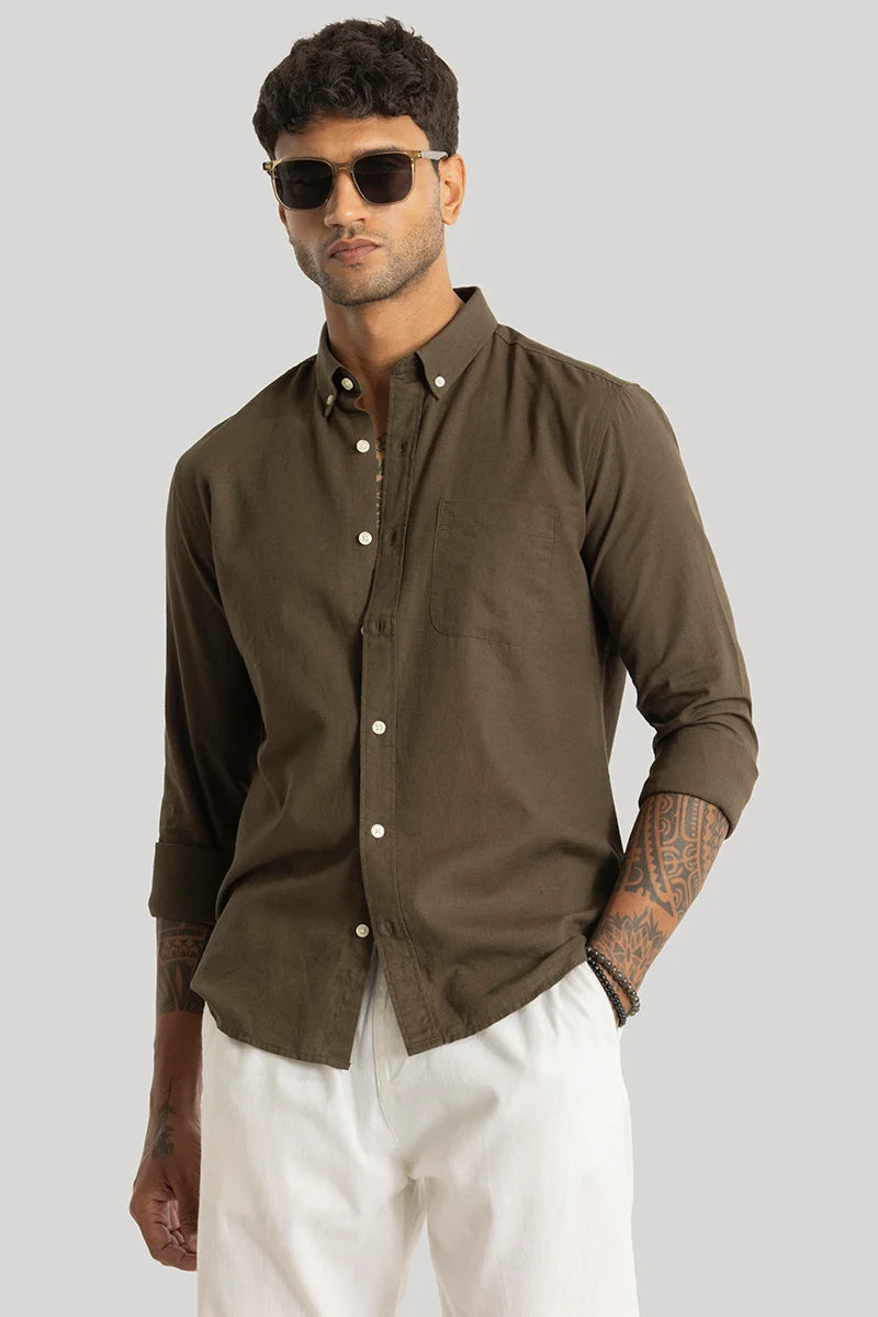 Henri Olive Plain Linen Blend Shirt