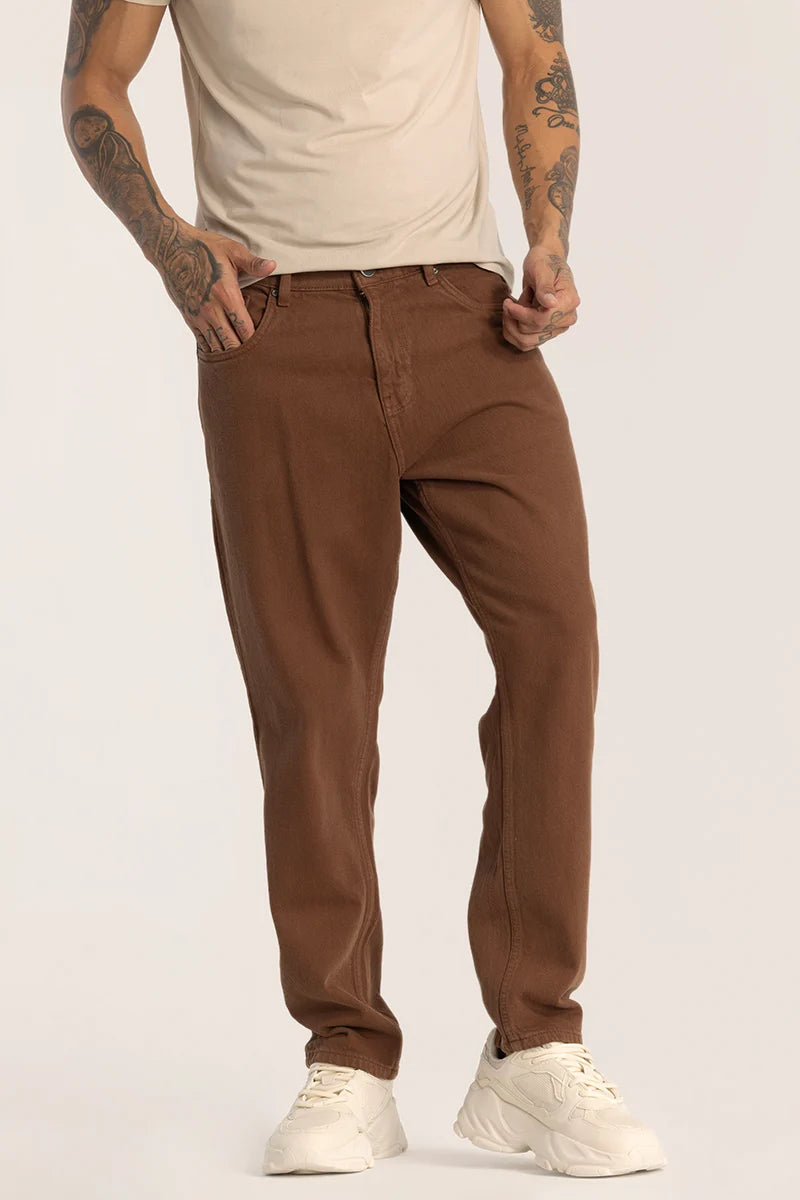 Brown Plain Baggy Fit Jeans