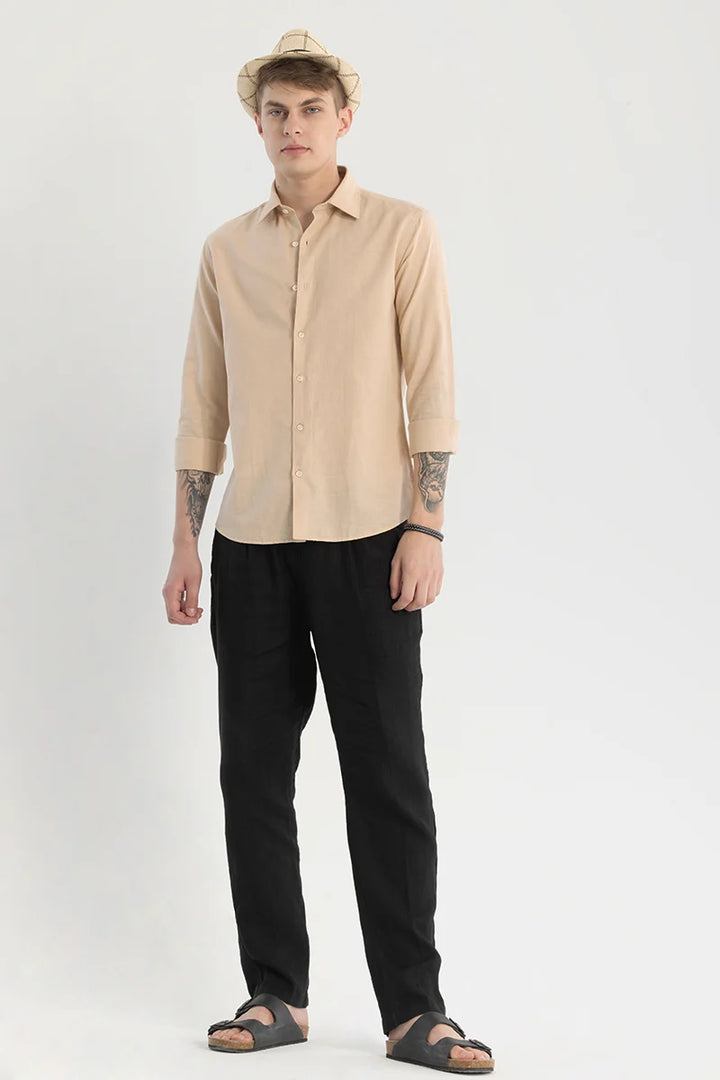 Beige Plain Linen Blend Shirt