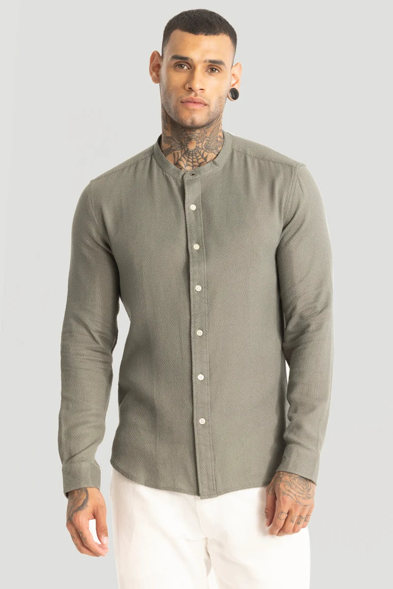 Olive Woven Mandarin Shirt