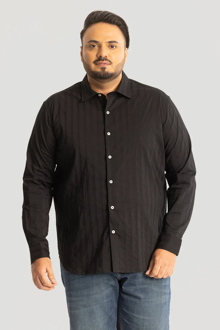 Black Self Stripe Textured Plus Size Shirt