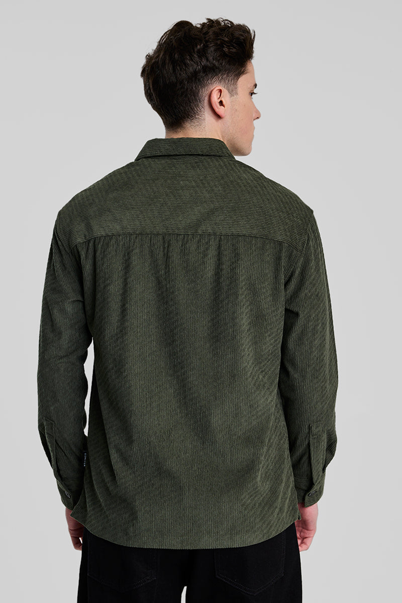 Dark Green Textured Corduroy Overshirt