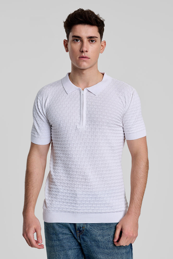 White Zipper Knitted Polo T-Shirt