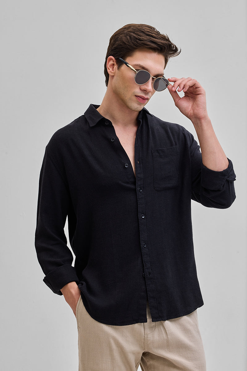 Black Slim Fit Linen Shirt