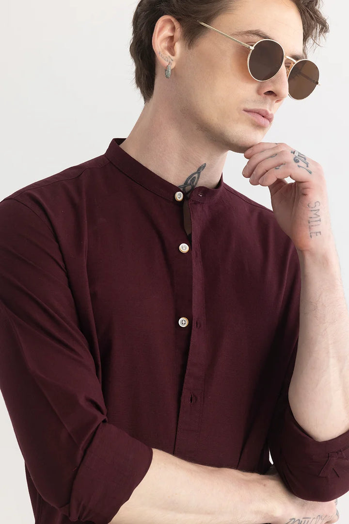 Mandarique Maroon Linen Blend Shirt