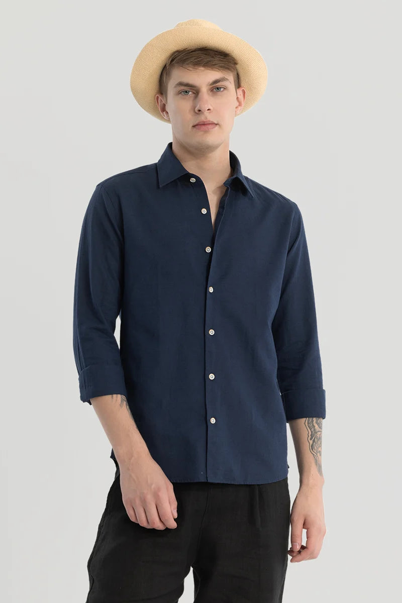 Navy Plain Linen Blend Shirt