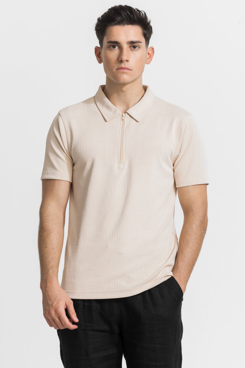 Cream Zipper Textured Polo T-Shirt