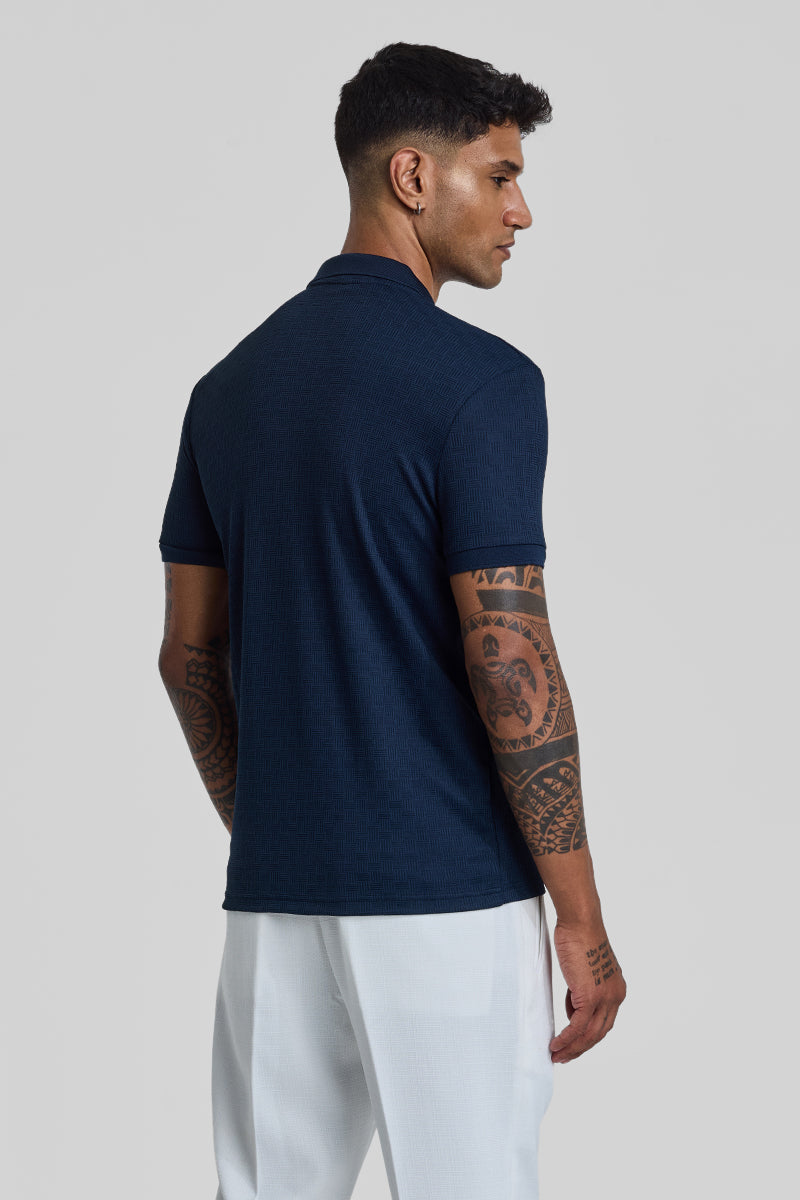 Navy Textured Polo T-Shirt