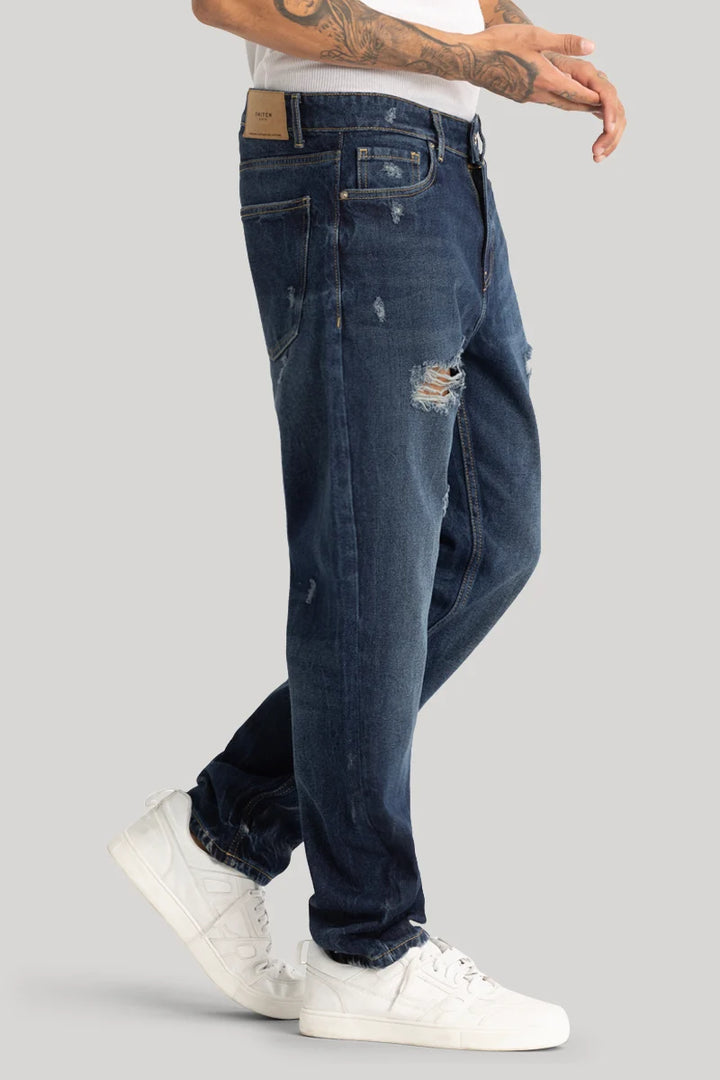 Navy Distressed Relaxed Fit Jeans