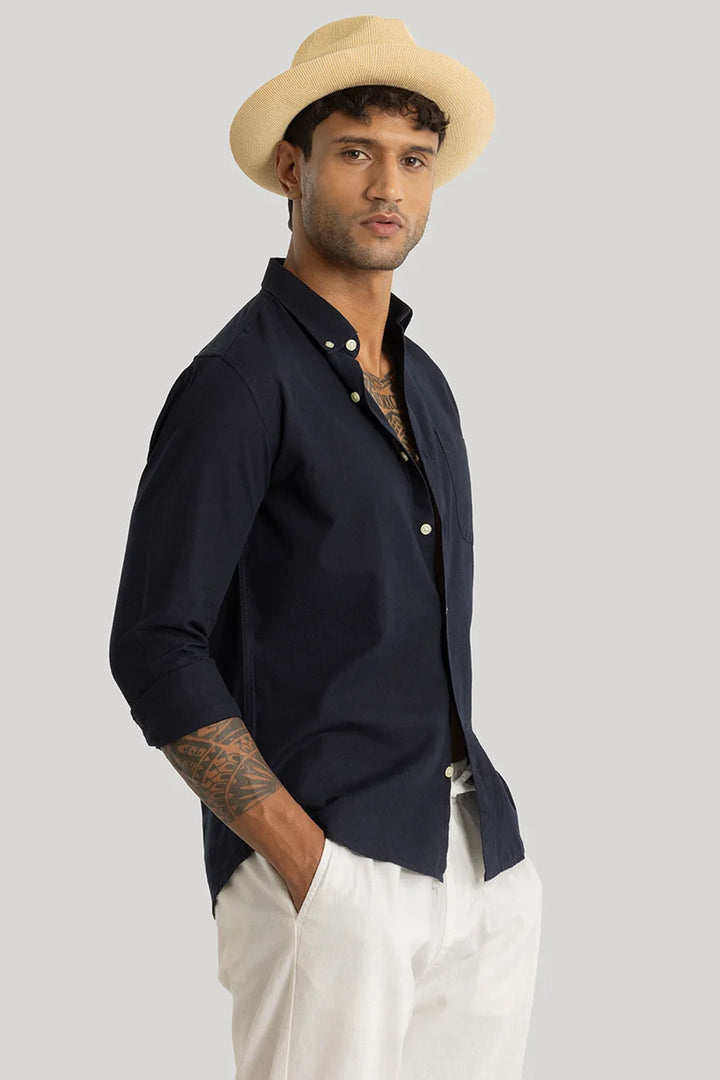 Henri Navy Plain Linen Blend Shirt