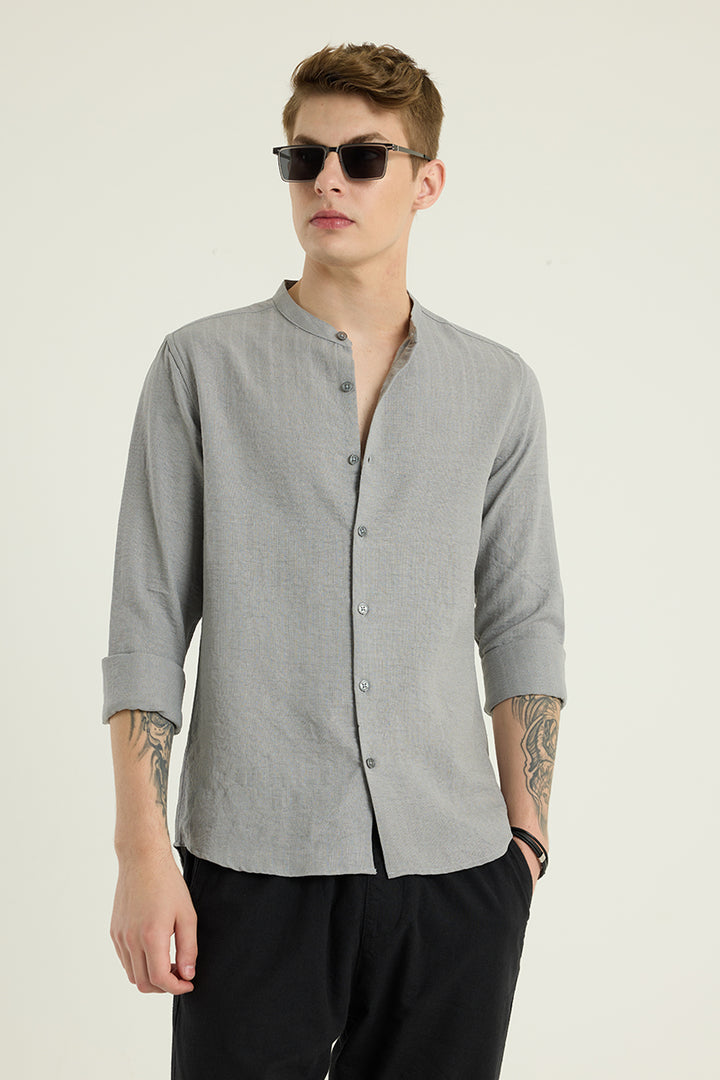 Light Grey Mandarin Self Stripe Shirt