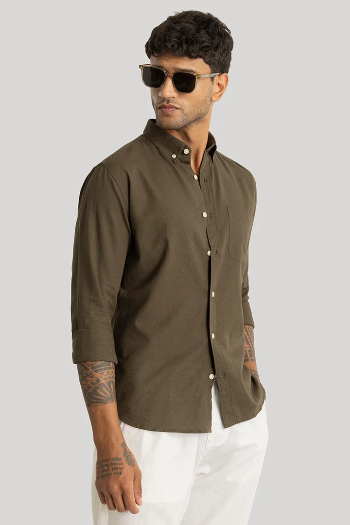 Henri Olive Plain Linen Blend Shirt