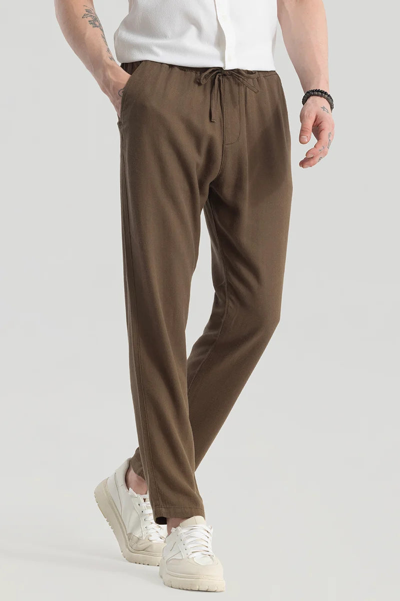 Ragna Brown Plain Relaxed Fit Joggers