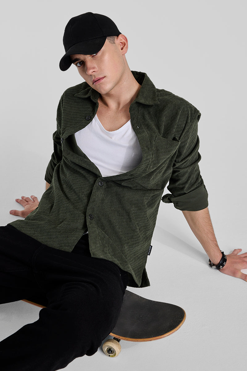 Dark Green Textured Corduroy Overshirt