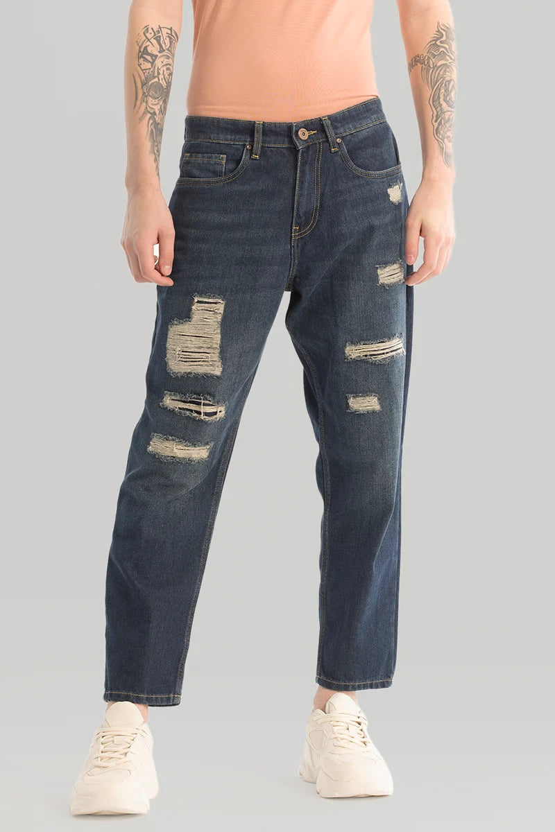 Dark Blue Distressed Baggy Fit Jeans