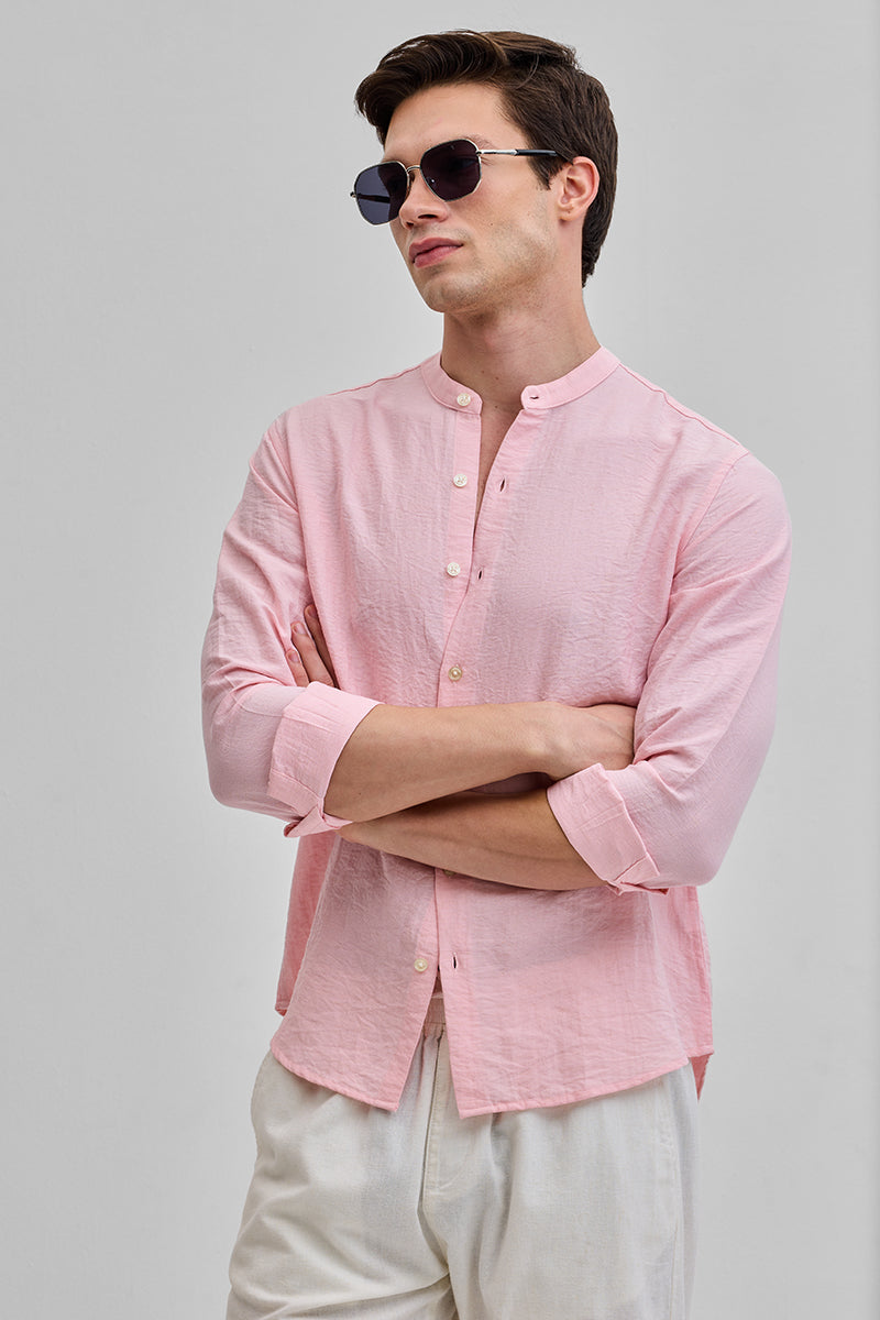 Light Pink Mandarin Linen Blend Shirt