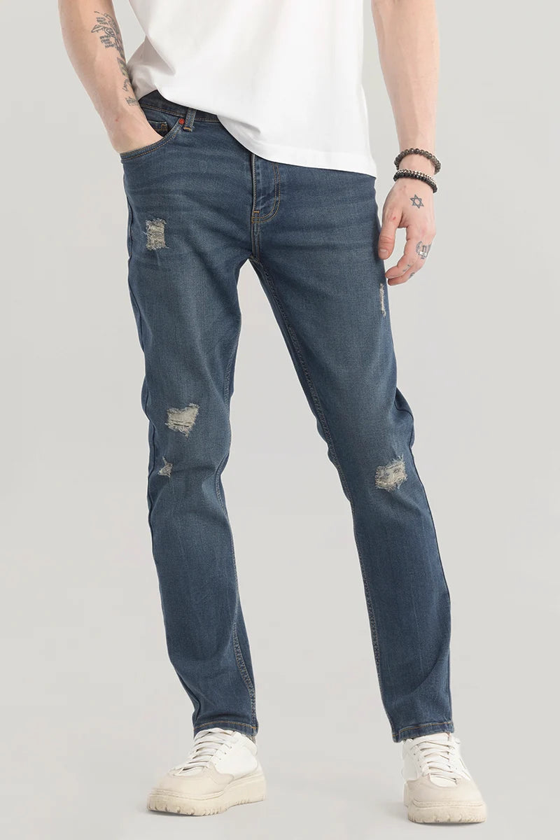 Denimique Spruce Blue Distressed Slim Fit Jeans