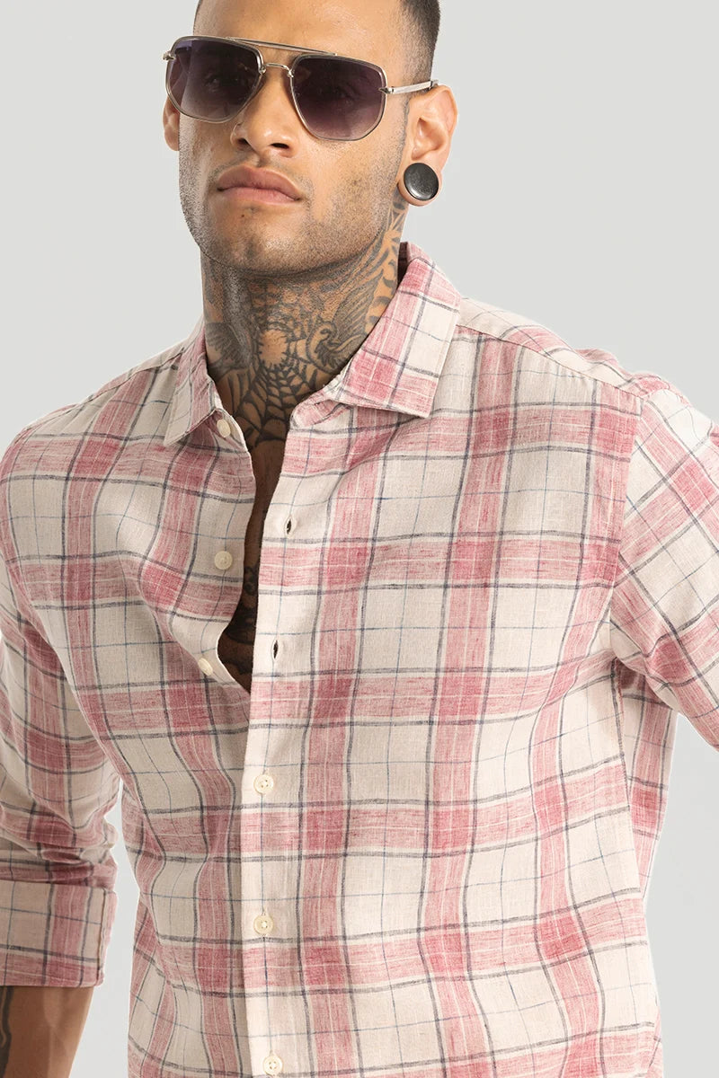 Red Linen Blend Checks Shirt