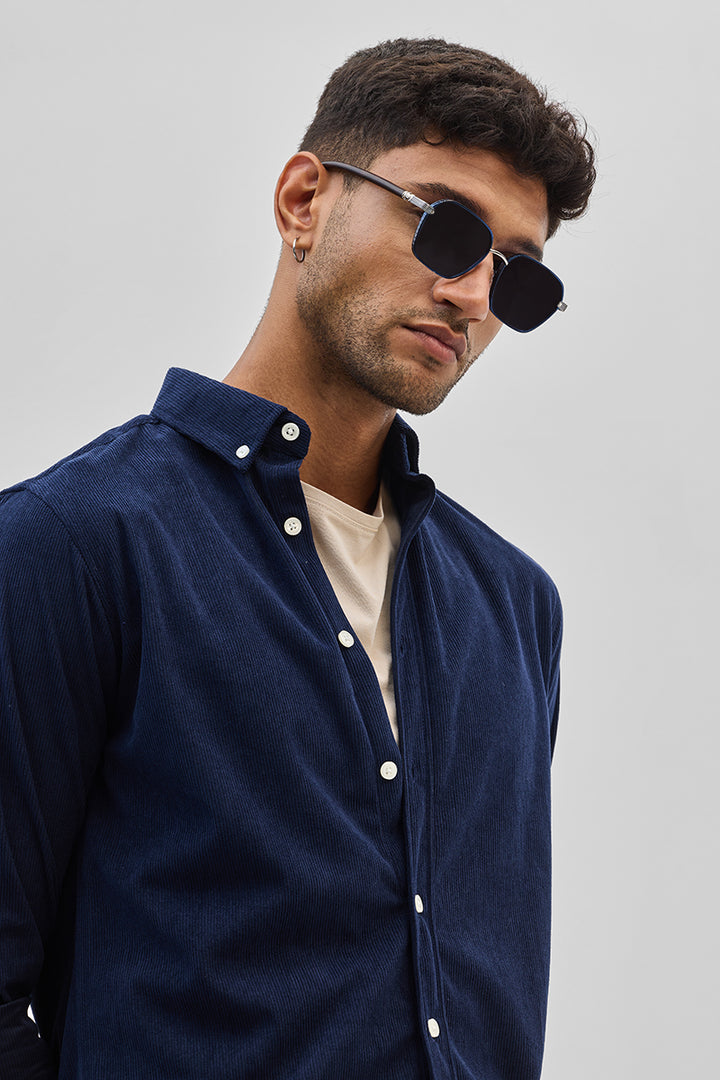 Dark Blue Slim Fit Corduroy Shirt