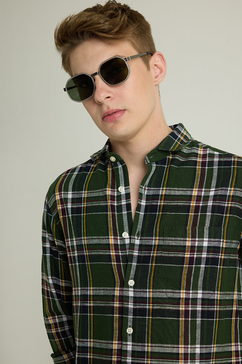 Dark Green Checks Linen Shirt