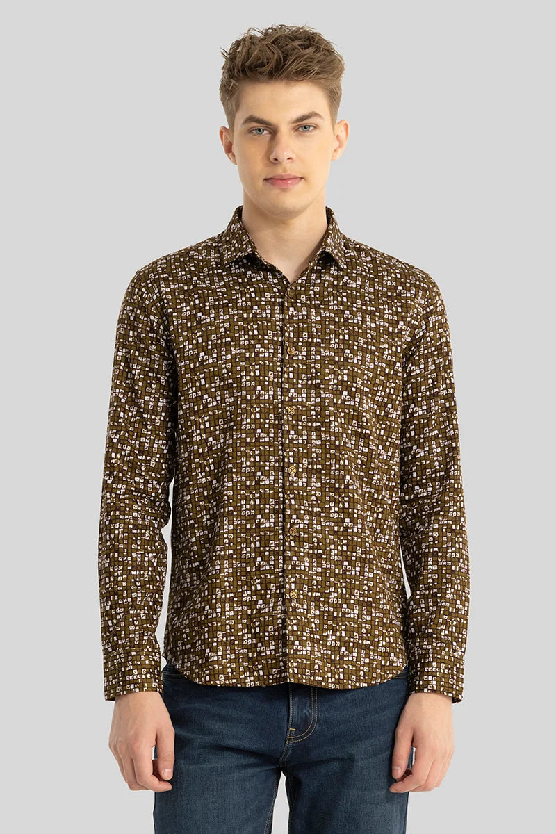 Brown Abstract Slim Fit Shirt