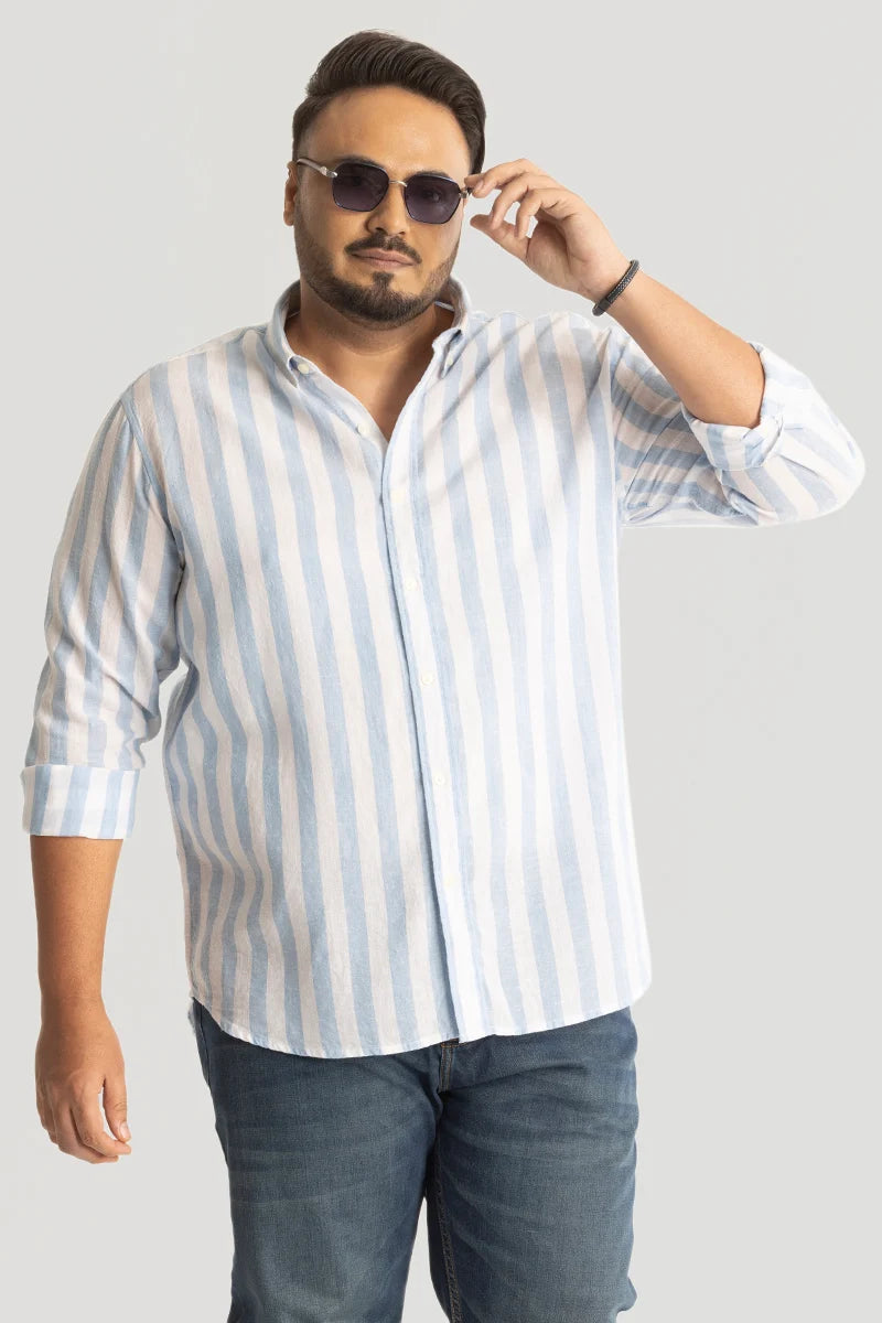 Light Blue Stripes Linen Blend Plus Size Shirt