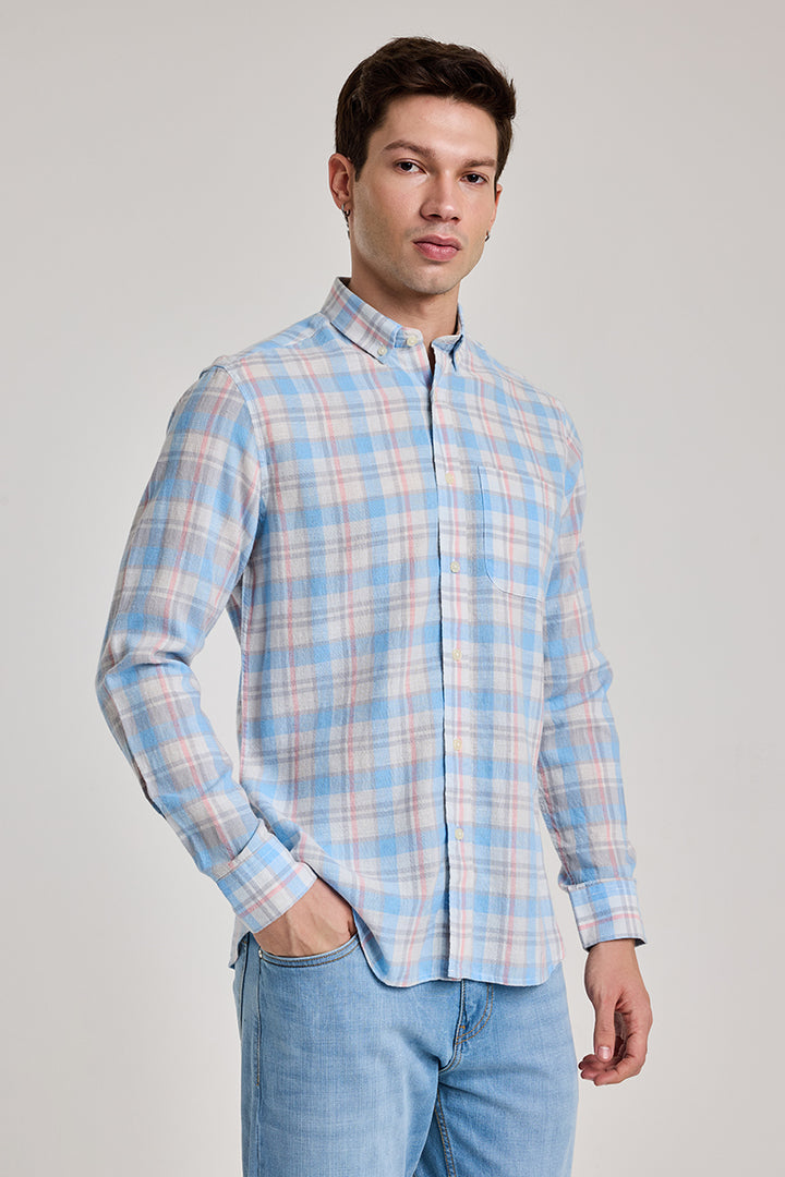 Light Blue Checks Linen Blend Shirt