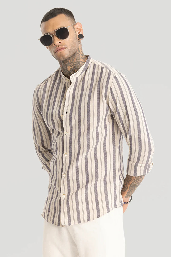 Cream Stripes Linen Blend Shirt