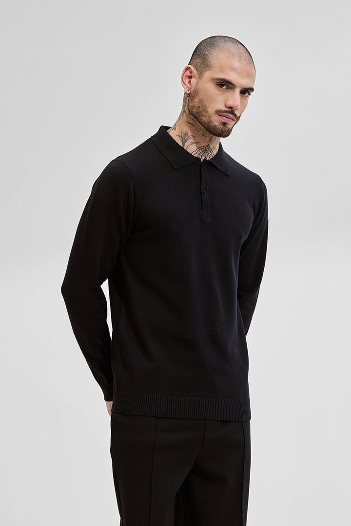 Core Lab Black Slim Fit Knitted Polo T-Shirt