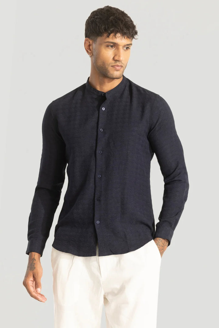 Navy Mandarin Textured Shirt