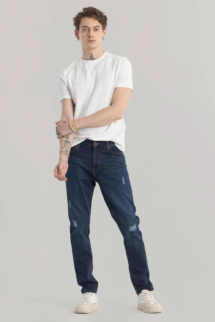 Denimique Navy Blue Distressed Slim Fit Jeans