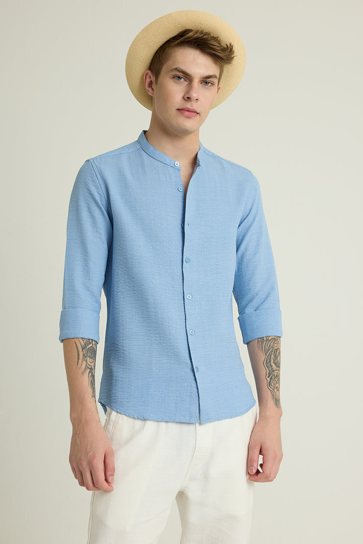 Light Blue Mandarin Self Stripe Shirt