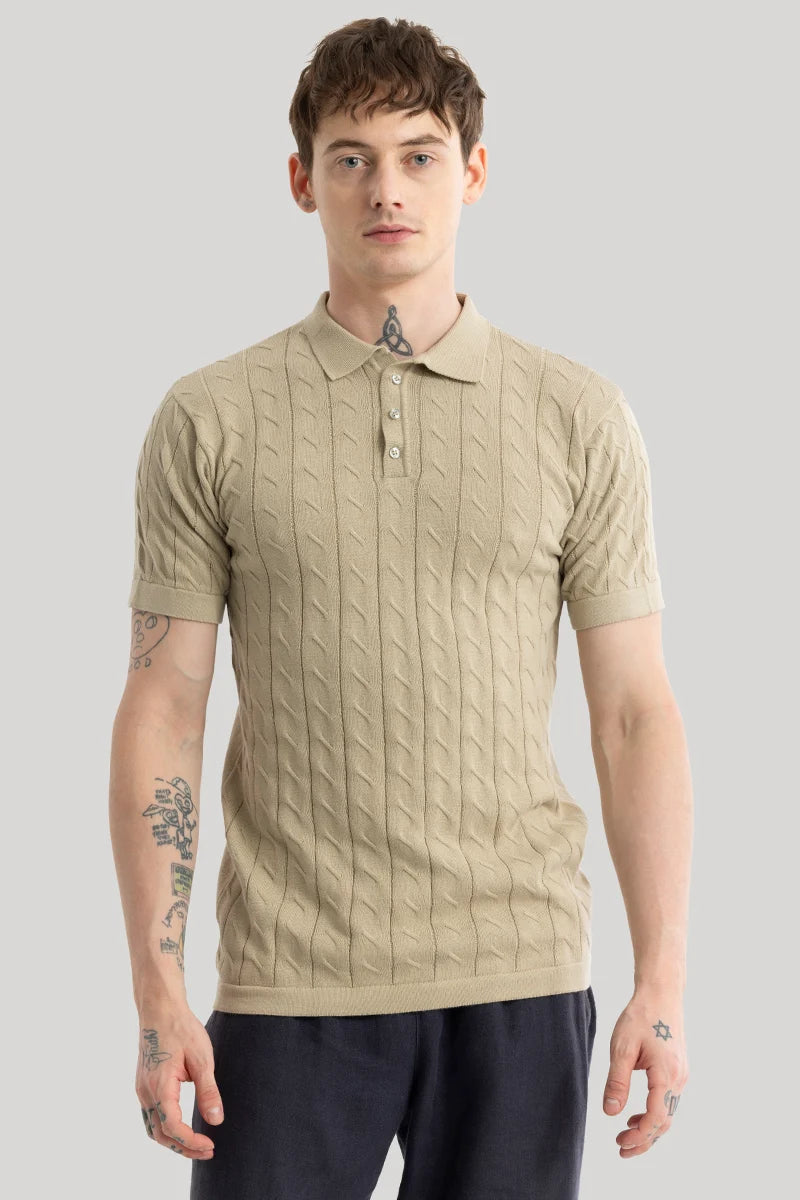 Fresco Beige Knitted Polo T-Shirt