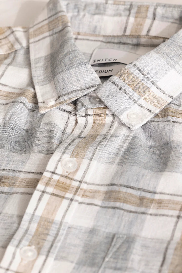 Grey Linen Blend Checks Shirt