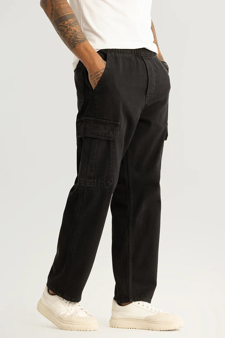 Pull On Black Plain Baggy Fit Jeans