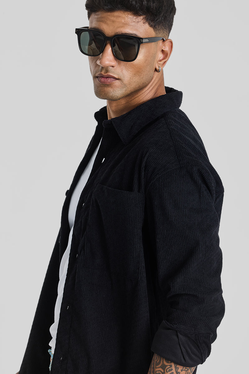 Black Textured Corduroy Overshirt