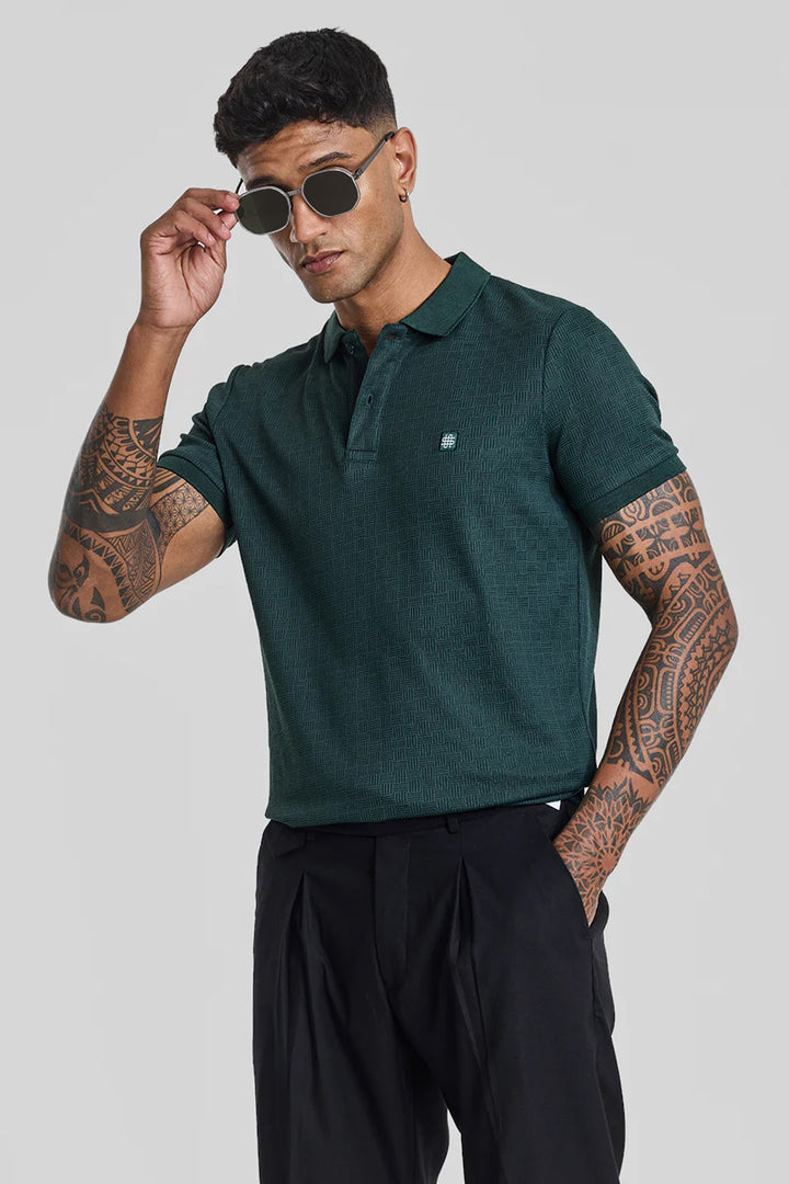 Dark Green Textured Polo T-Shirt