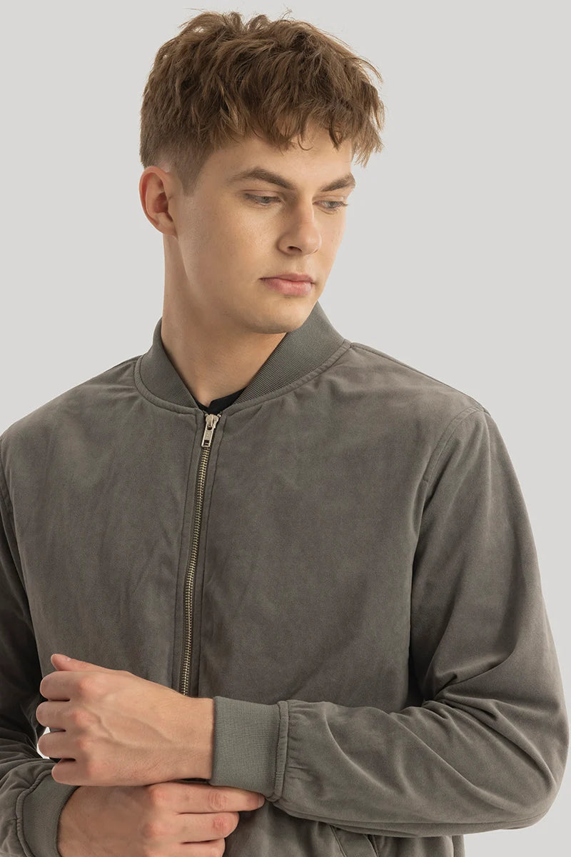 SleekSuede Grey Plain Bomber Jacket