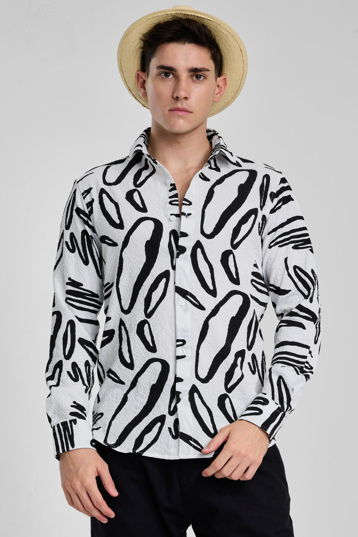 White Abstract Printed Slim Fit Shirt