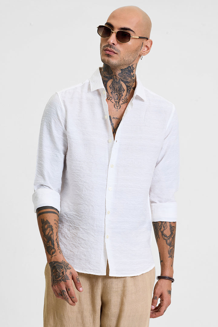 White Self-Design Slim Fit Shirt