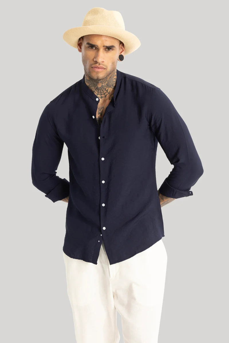 Navy Crushed Mandarin Collar Shirt