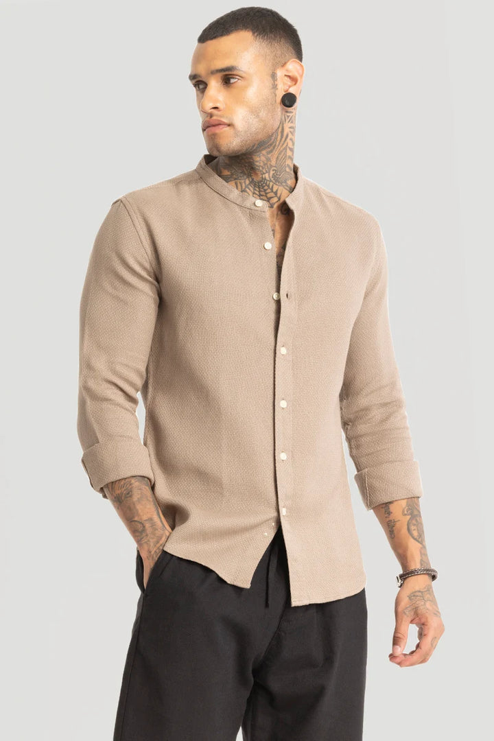 Light Brown Woven Mandarin Shirt