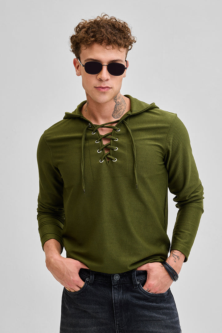 Olive Lace-Up Textured Hoodie