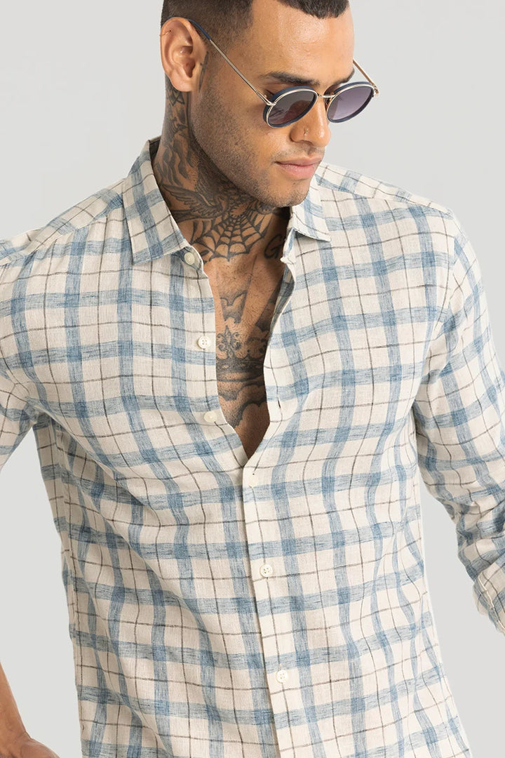 Light Blue Linen Blend Checks Shirt