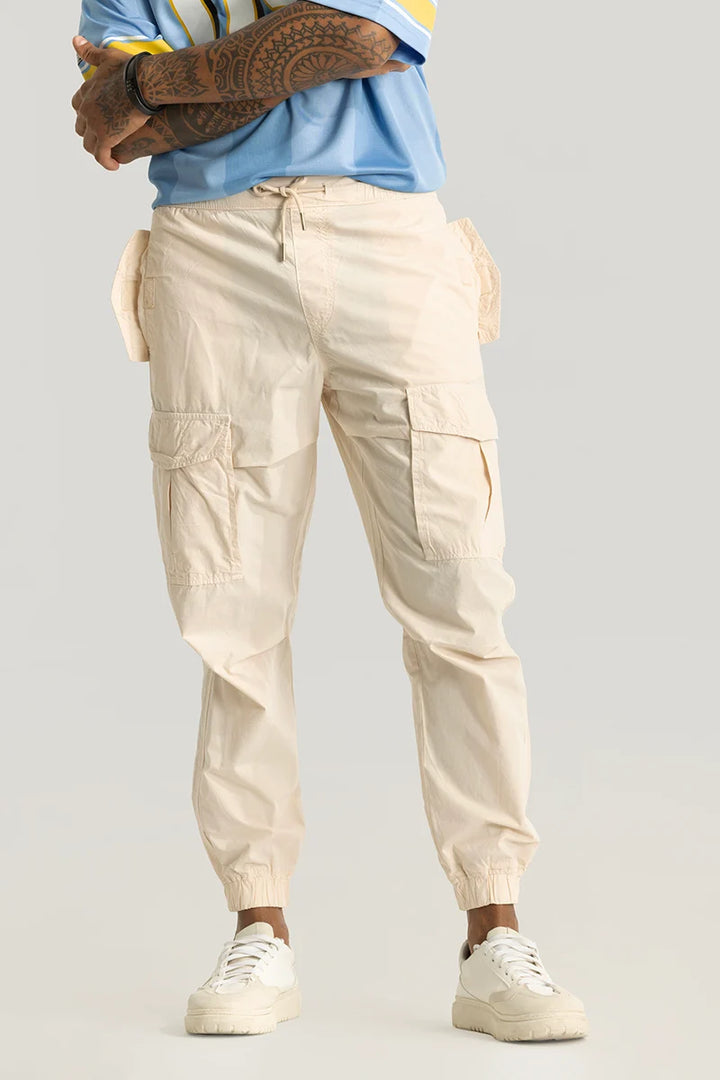 Realm Cream Plain Regular Fit Cargo Pants