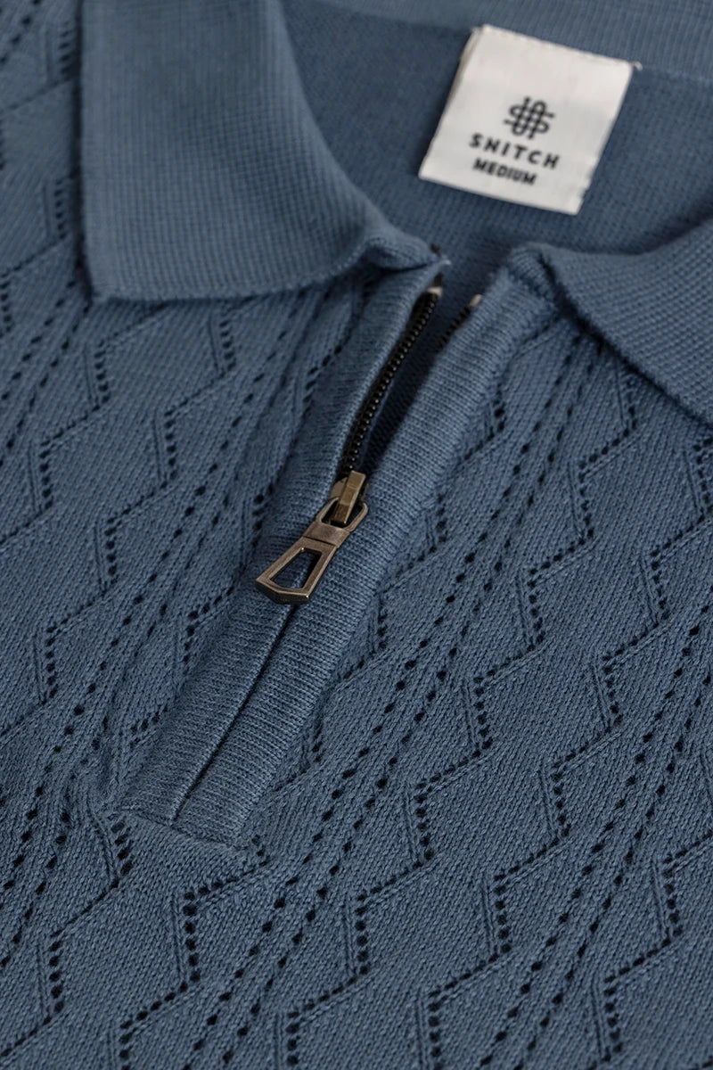 Ascent Stone Blue Knitted Polo T-Shirt