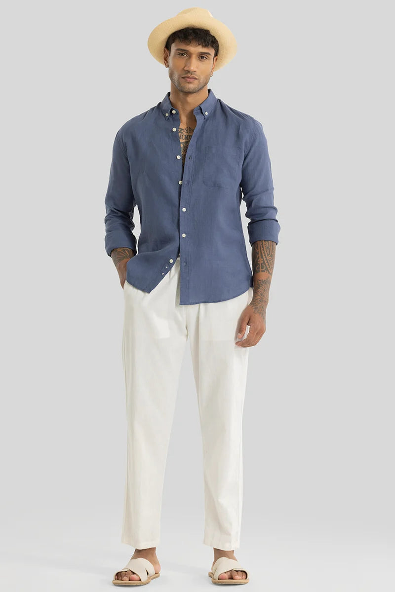 Elementary Stone Blue Plain Pure Linen Shirt